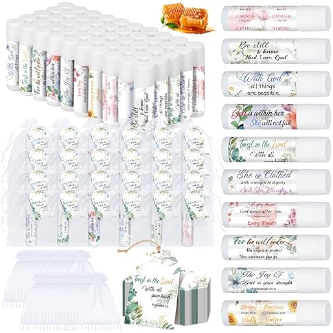 Sacubee 50 SETS CHRISTIAN GIFTS BULK LIP BALMS FOR WOMEN HONEY RELIGIOUS SCRIPTURE BIBLE VERSE LIP BALM INSPIRATIONAL MOTIVATIONAL THANK YOU GIFTS FLORAL CHURCH SUNDAY SCHOOL PARTY FAVORS - Image 1